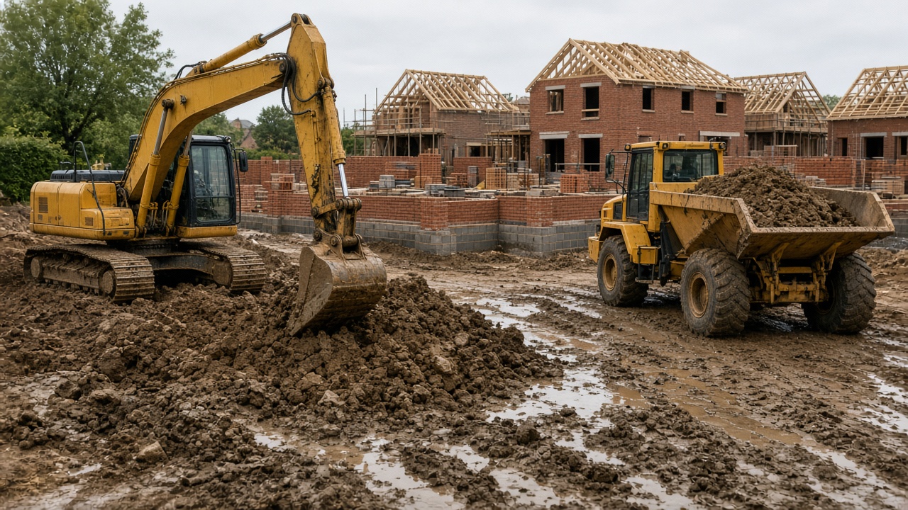 Site plant including digger and dumper on a construction site